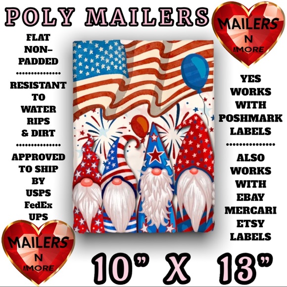 ( Quantity 25 10x13 ) Flag Fireworks Gnomes Poly Mailer Bags Shipping Envelopes - Picture 3 of 4